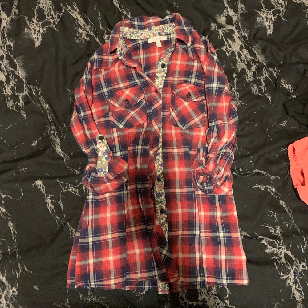 Red white and blue plaid button up